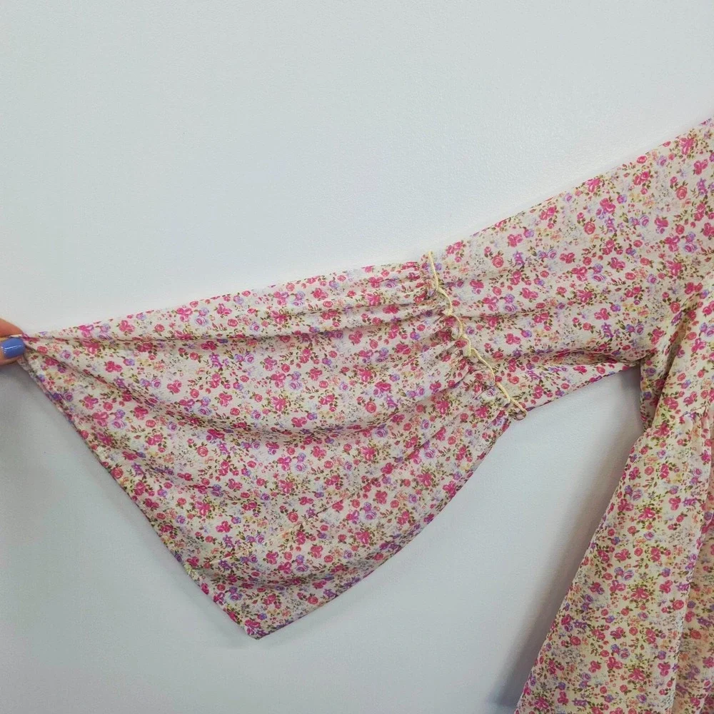 Pink Lily Floral Chiffon Babydoll Long‎ Bell Sleeve V Neck Top Womens L Boho